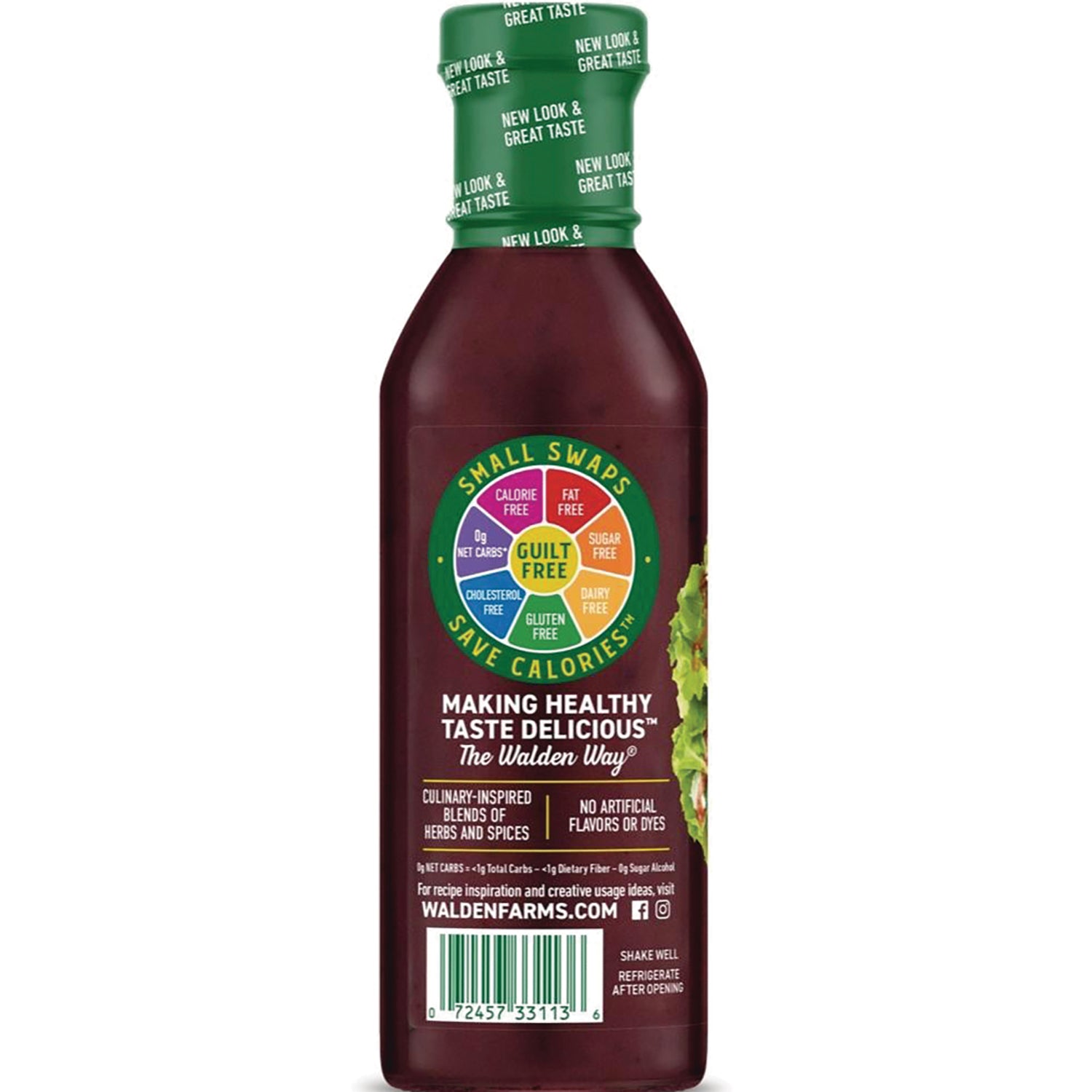 WAL018 | Back of Walden Farms dressing bottle with Small Swaps Save Calories badge and barcode