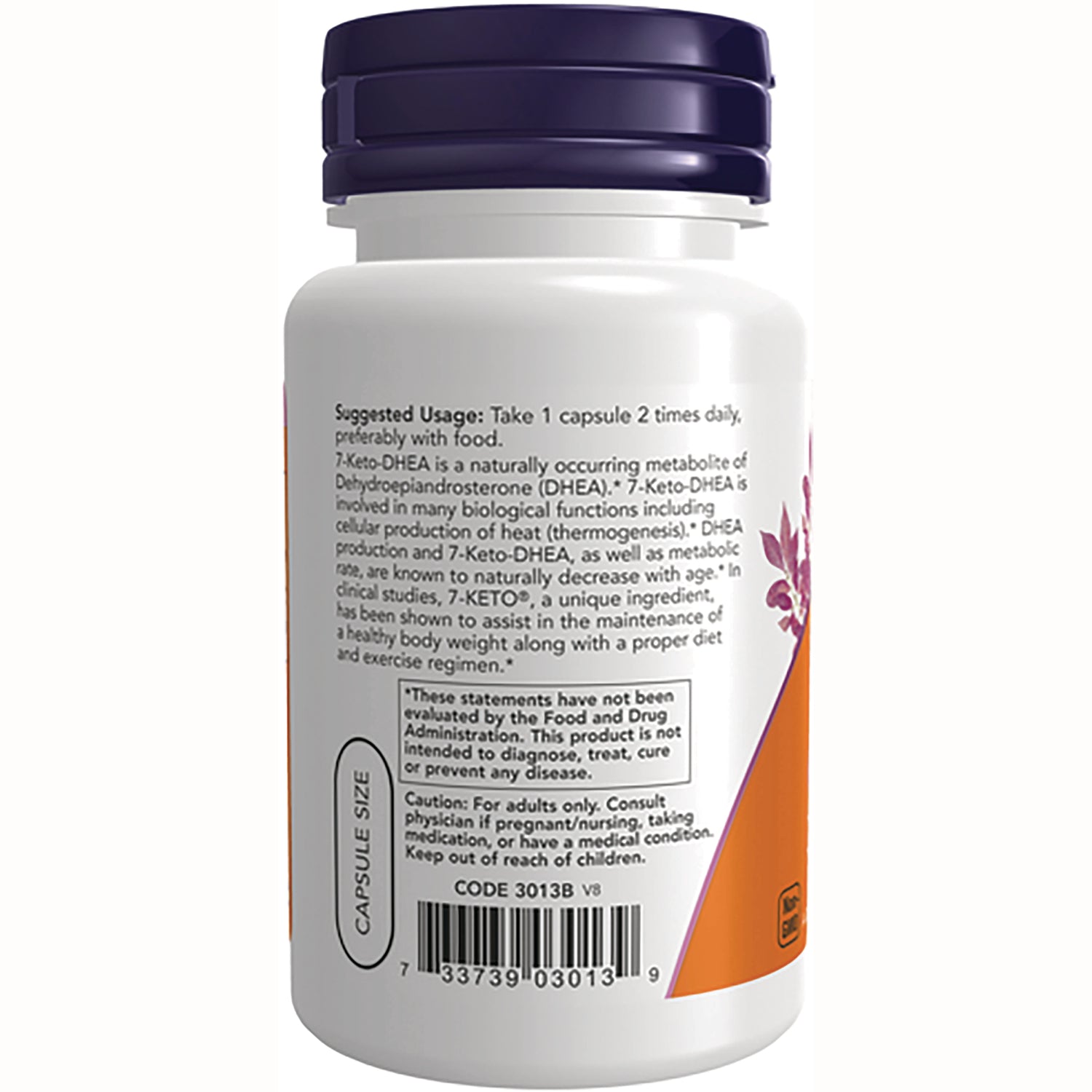 NWF279 | back label showing suggested usage, caution box and barcode on white supplement bottle