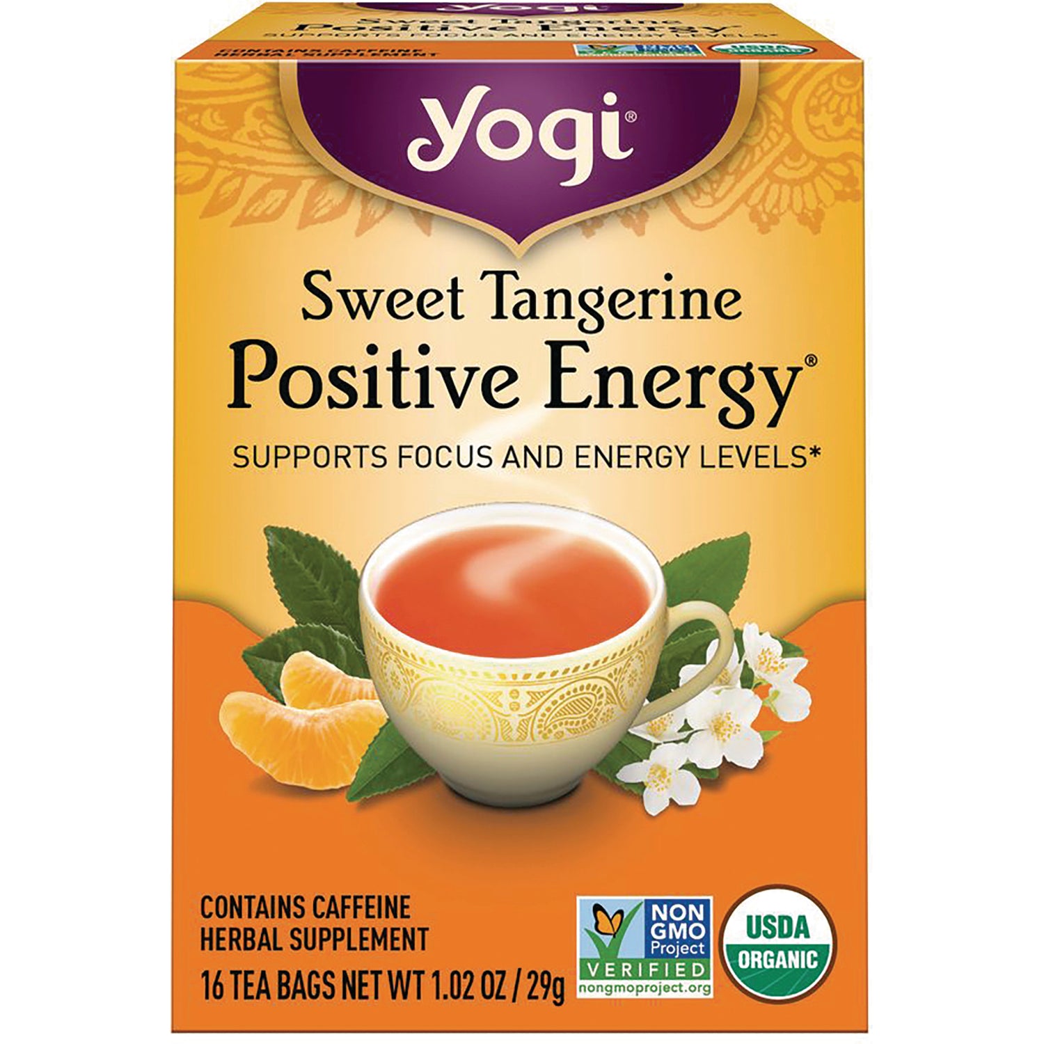 AHW061 | Yogi Sweet Tangerine Positive Energy tea box with teacup, tangerine slices and USDA Organic & Non-GMO badges