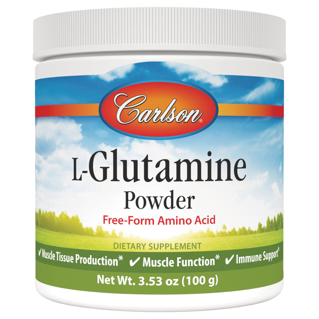CSN126 | Carlson L-Glutamine Powder dietary supplement jar labeled Free-Form Amino Acid Net Wt. 3.53 oz (100 g) - Thumbnail