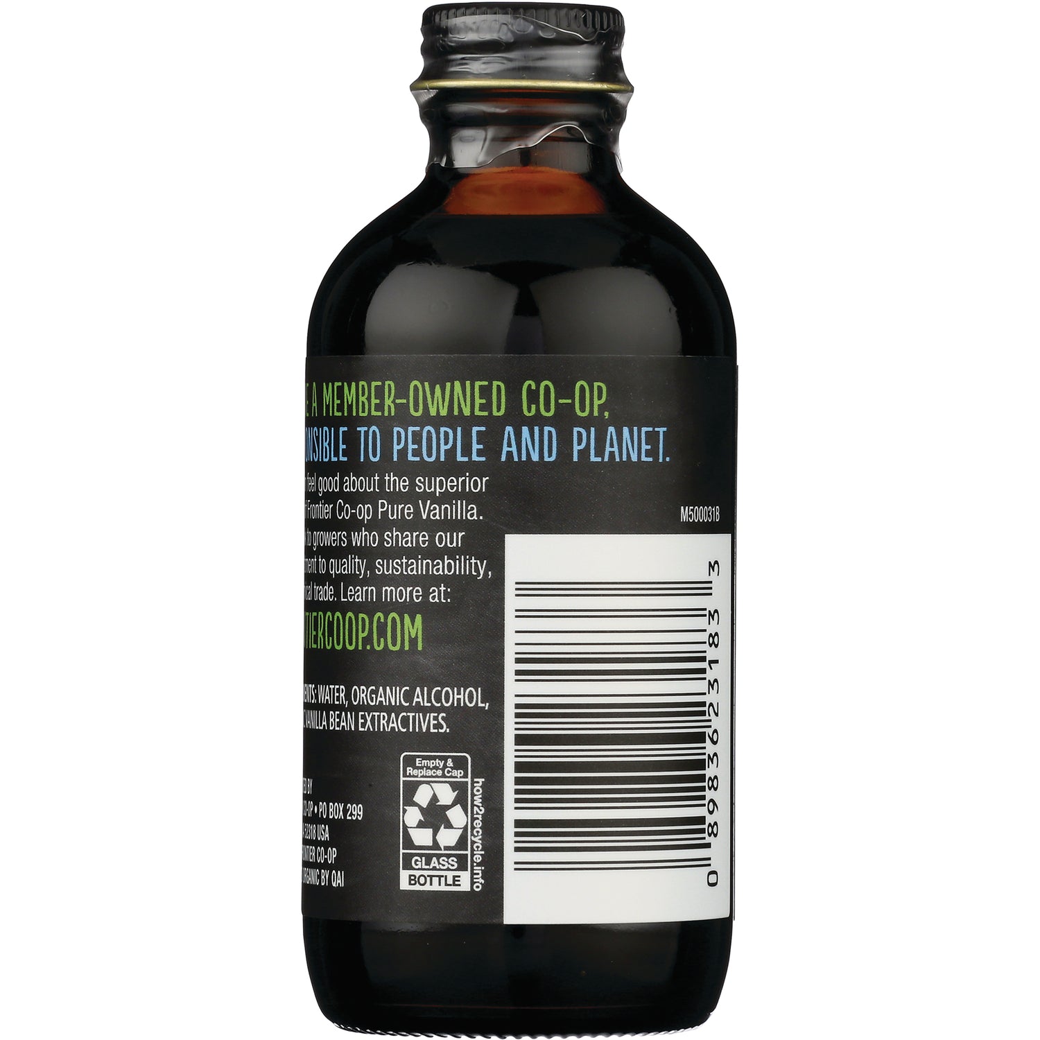 FNP049 | back label of small glass vanilla extract bottle showing ingredients, barcode, and recycling symbol