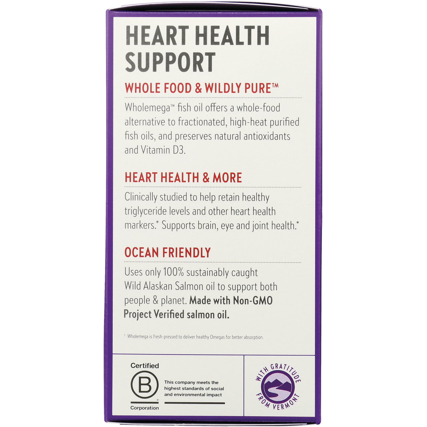 NWC111 | product infographic panel describing heart health support, whole food fish oil benefits and ocean friendly sourcing