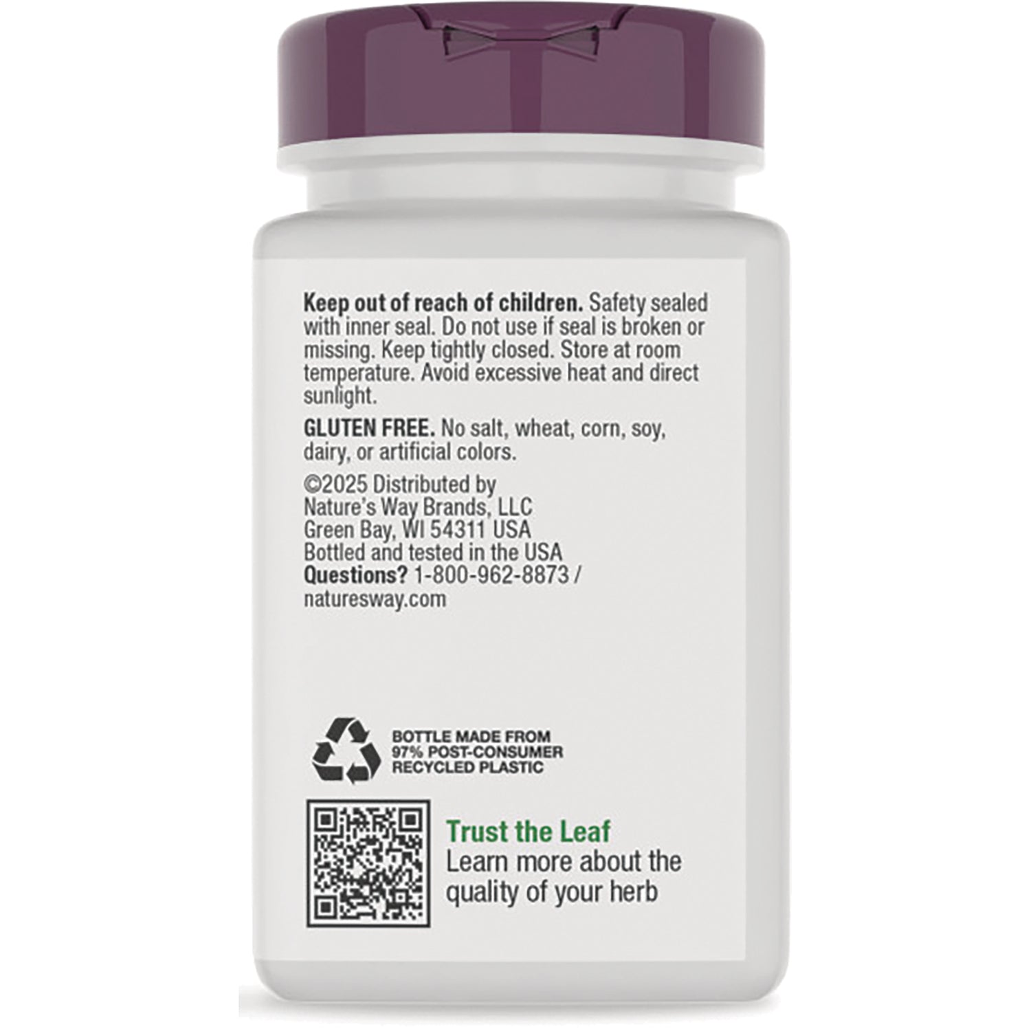 ET262 | Back label of white supplement bottle showing safety instructions, GLUTEN FREE note, recycle icon and QR code