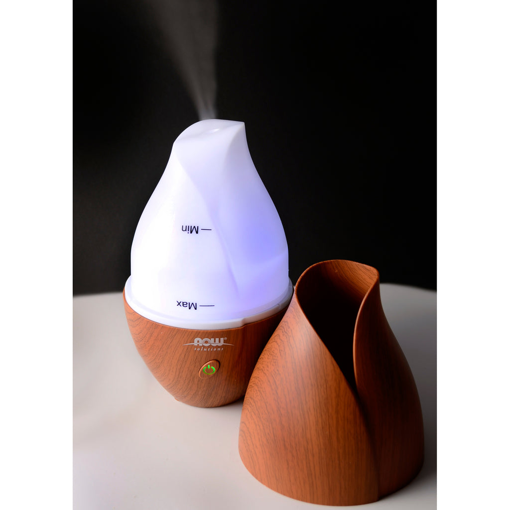 NWF1233 | white ultrasonic wood-grain aromatherapy diffuser with blue light and detached wood cover emitting mist - Thumbnail
