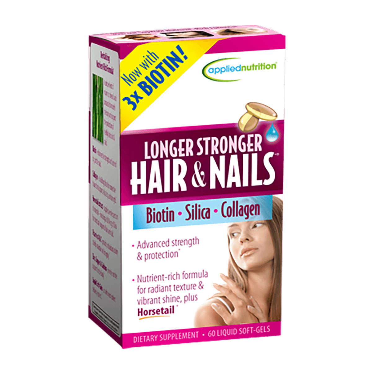 APT006 | Longer Stronger Hair & Nails supplement box showing Biotin, Silica, Collagen and a woman's portrait