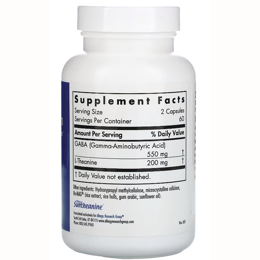 ARG005 | Back of white supplement bottle showing Supplement Facts panel listing GABA 550 mg and L-Theanine 200 mg - Thumbnail