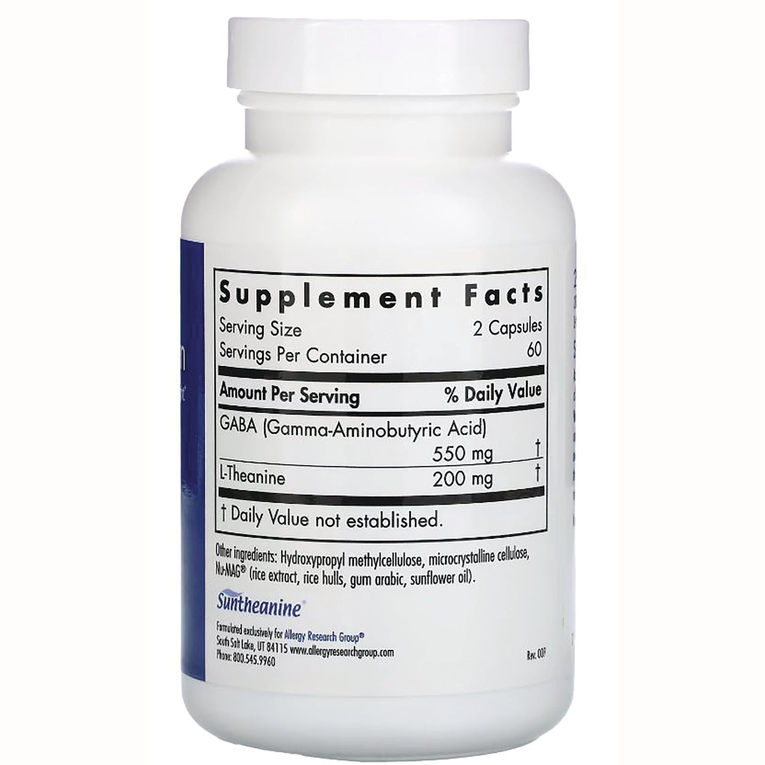 ARG005 | Back of white supplement bottle showing Supplement Facts panel listing GABA 550 mg and L-Theanine 200 mg