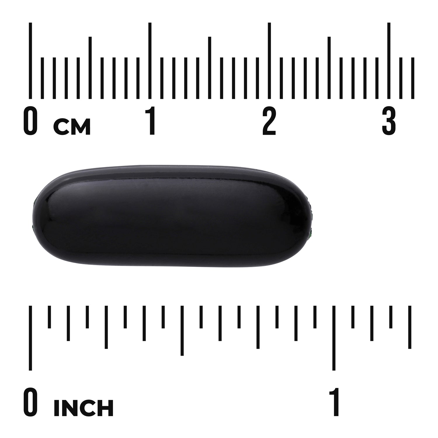 SWU198 | Black softgel capsule beside cm and inch rulers for size reference, visible text 'CM' and 'INCH'