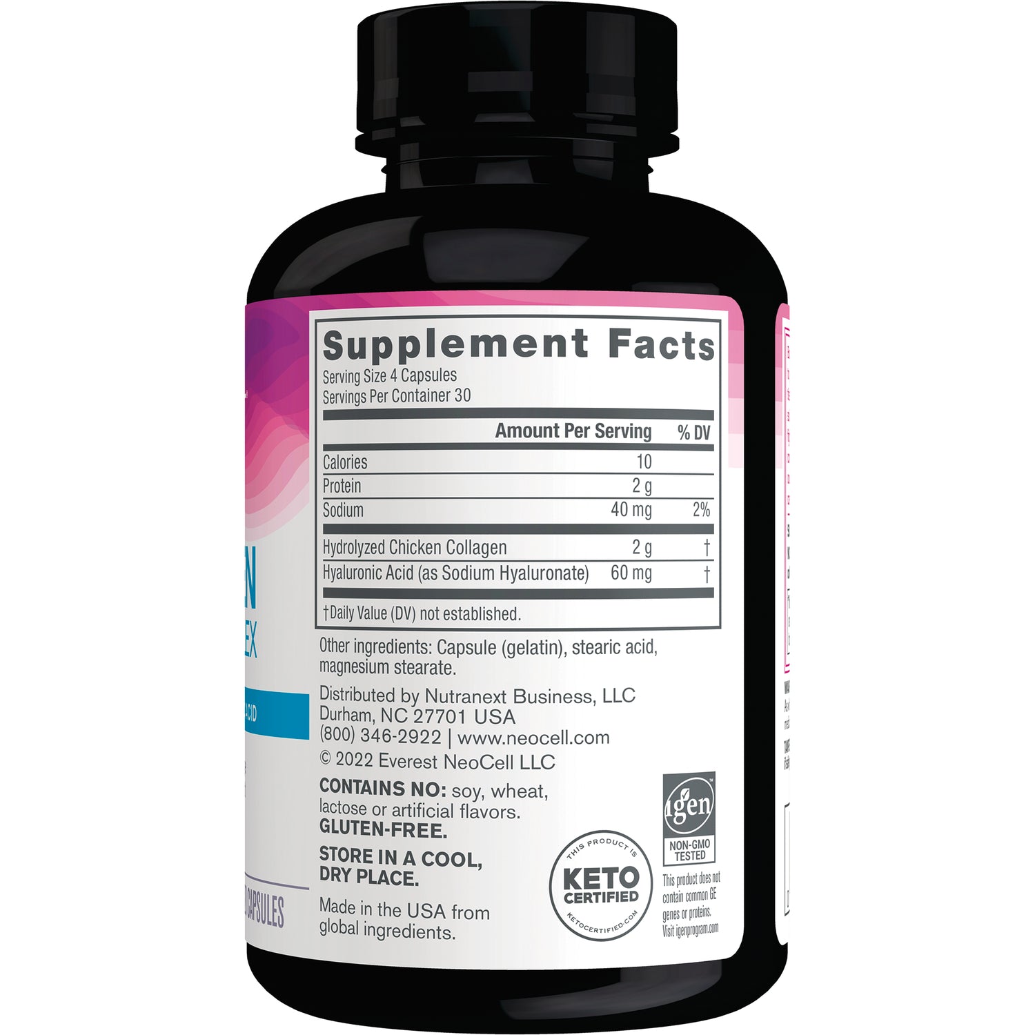NEC008 | back label showing Supplement Facts panel with ingredients, amounts per serving, and storage info