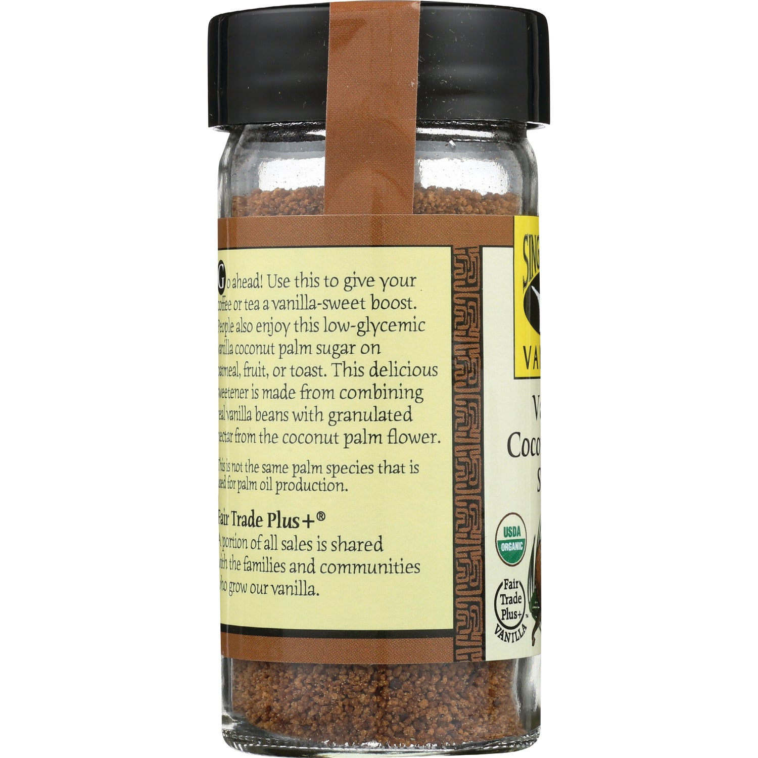 SDV006 | side label of glass jar showing product description, USDA Organic and Fair Trade seals and brown granules