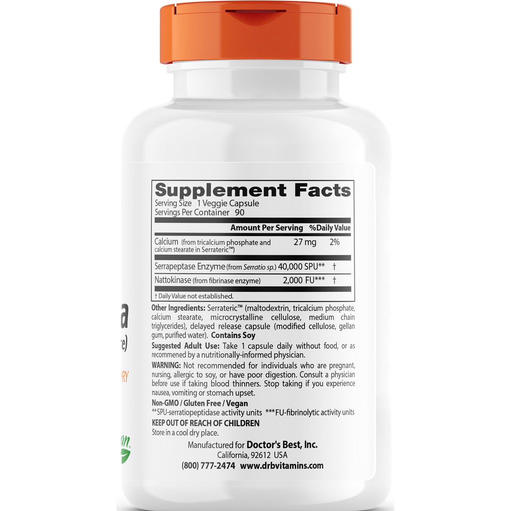 DB228 | Back label showing Supplement Facts panel for serrapeptase supplement, serving size 1 veggie capsule and warnings - Thumbnail