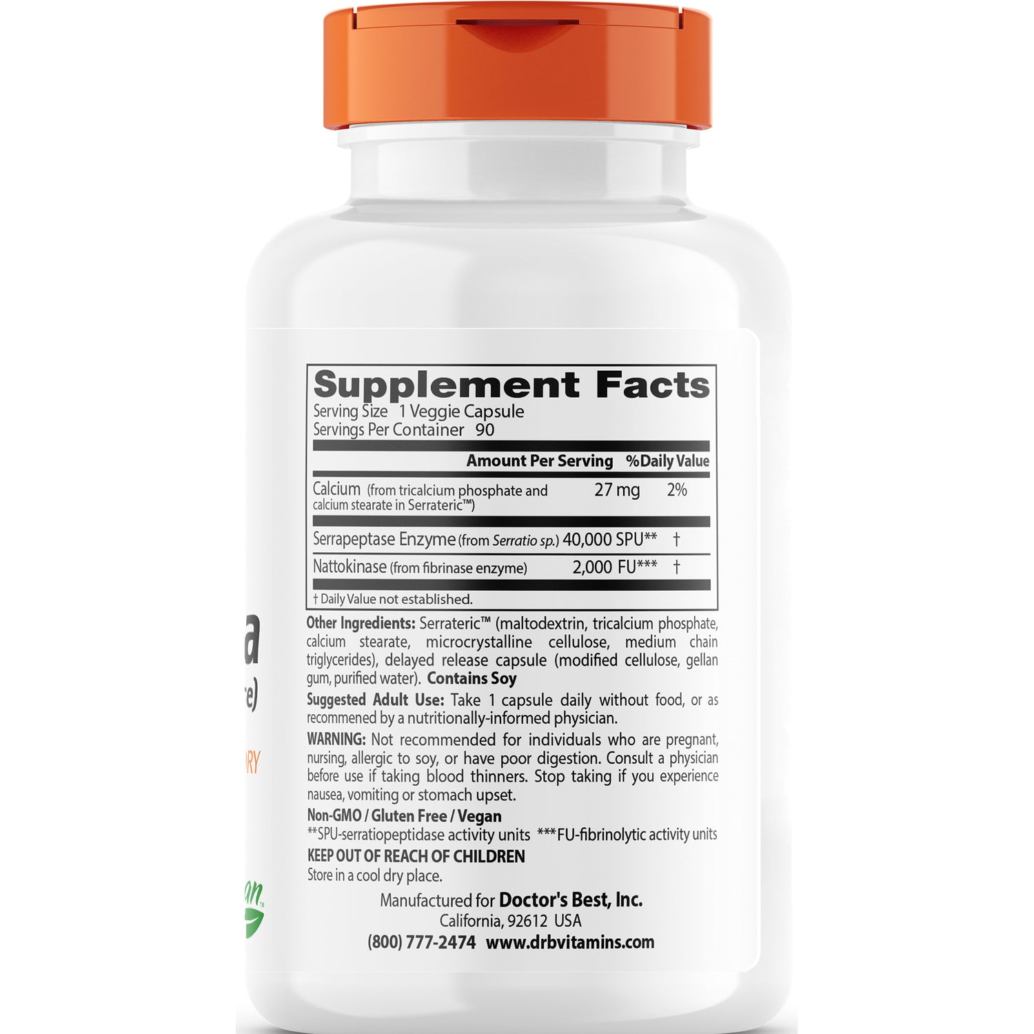 DB228 | Back label showing Supplement Facts panel for serrapeptase supplement, serving size 1 veggie capsule and warnings