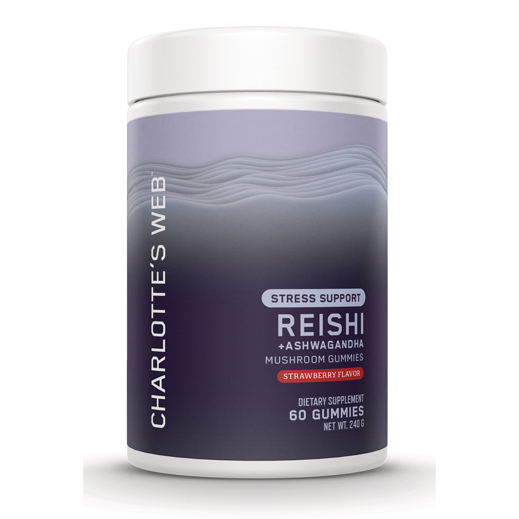 CHW046 | White-lidded purple bottle of Charlotte's Web Reishi + Ashwagandha mushroom gummies, strawberry flavor, 60 count - Thumbnail