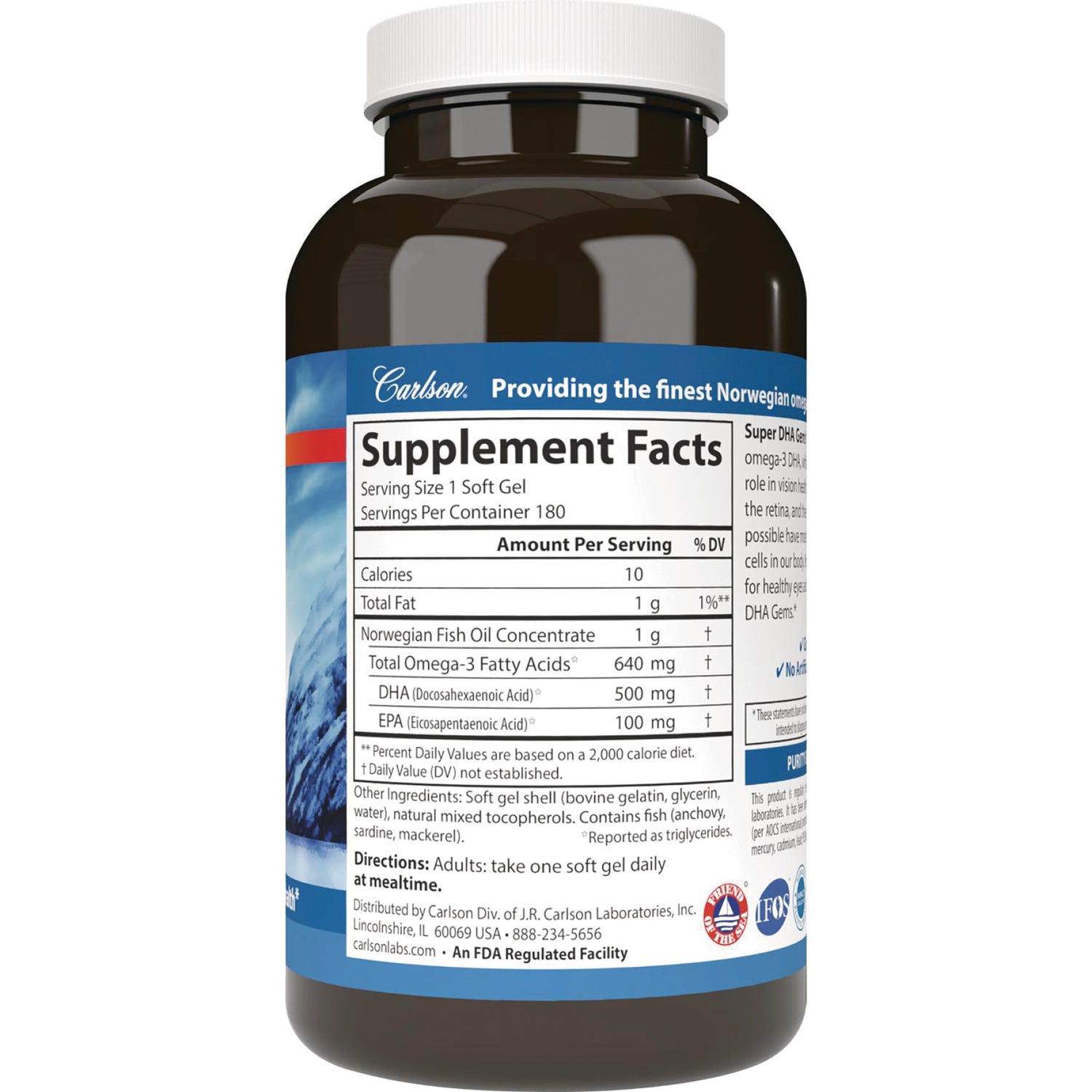 CSN014 | bottle back showing Supplement Facts panel and directions for Norwegian fish oil soft gel