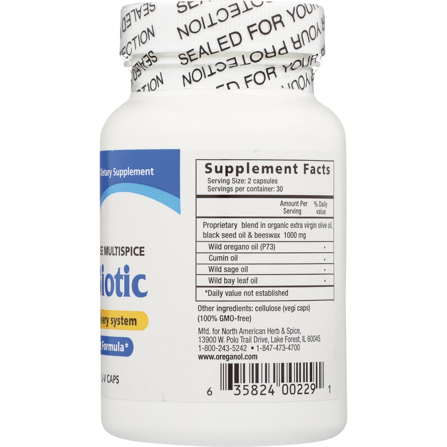 NHS009 | back of white supplement bottle showing Supplement Facts panel, ingredient list and barcode