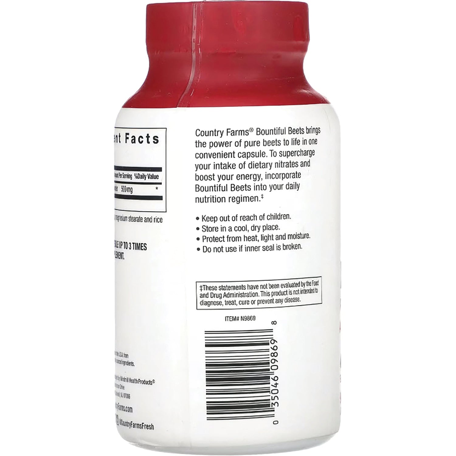 CFR018 | back label of white supplement bottle showing warnings, directions, nutrition facts panel and barcode