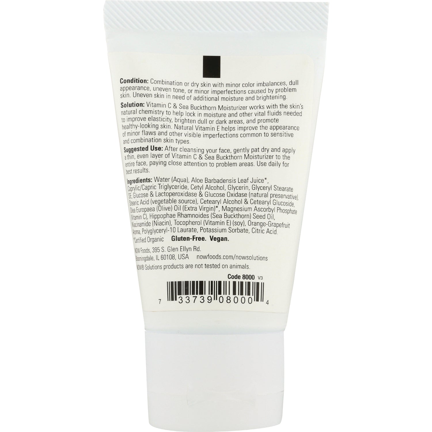 NWF974 | back of white moisturizer tube showing ingredient list, suggested use text and barcode