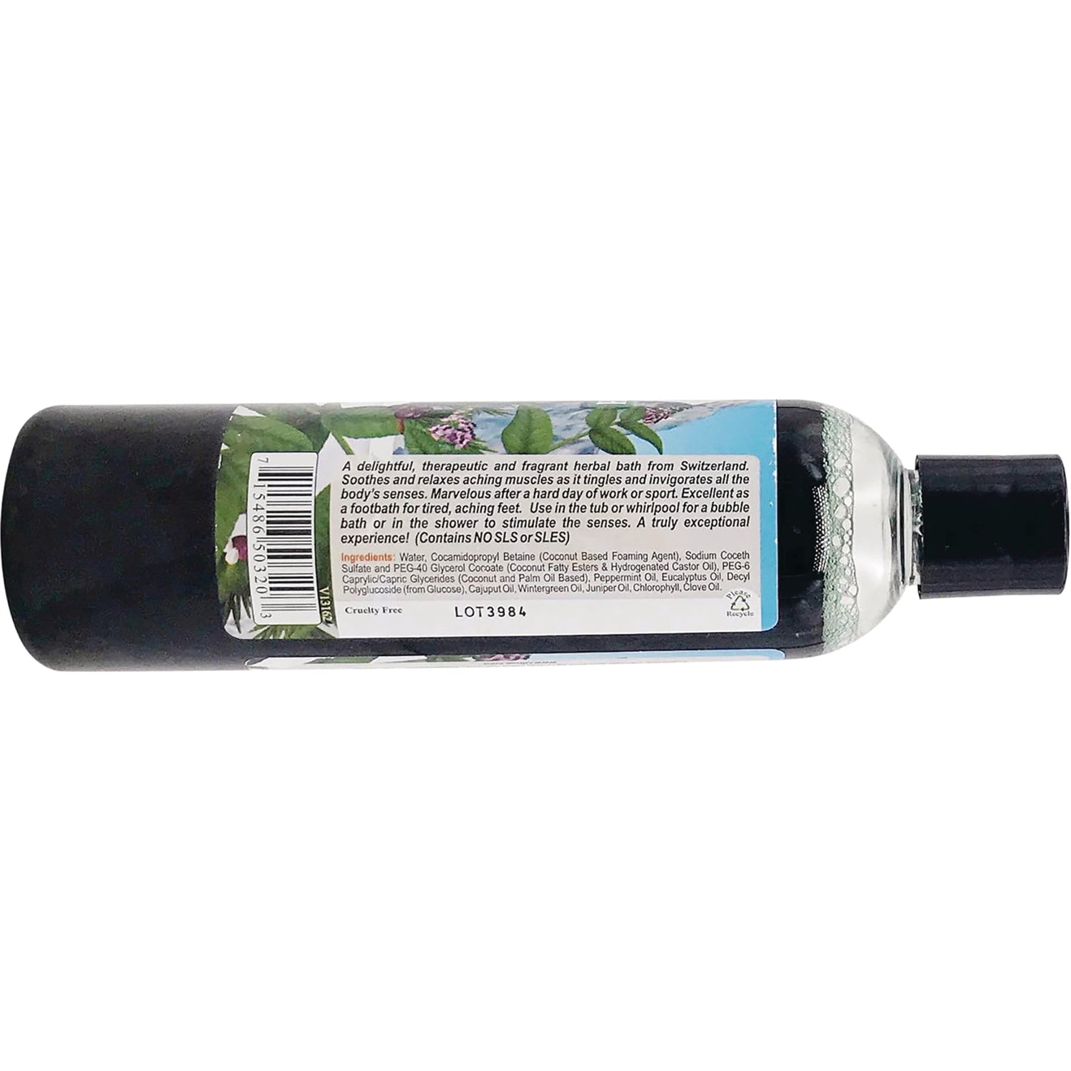 OLB008 | Back of clear bath product bottle with label showing ingredients, barcode and lot number, black cap