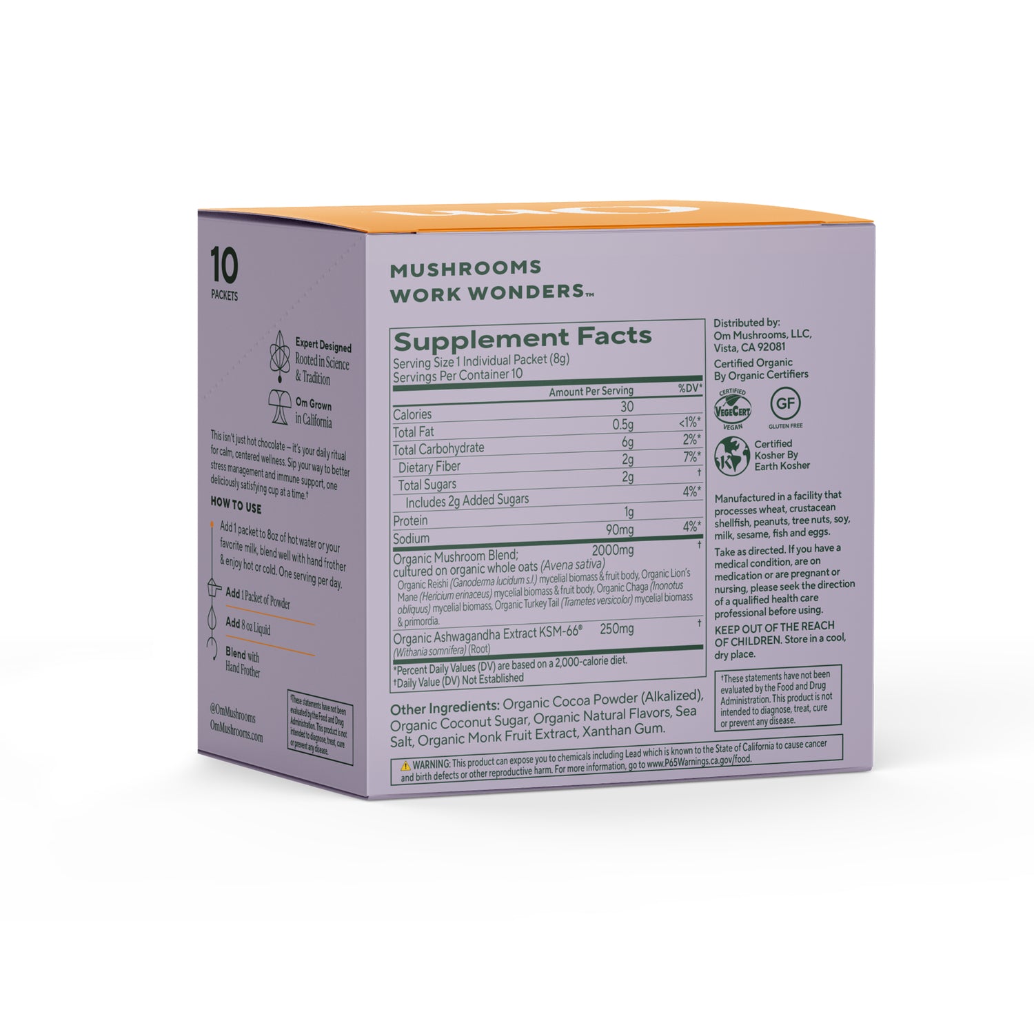 MMX038 | back panel showing Supplement Facts table and ingredients for certified organic mushroom powder blend