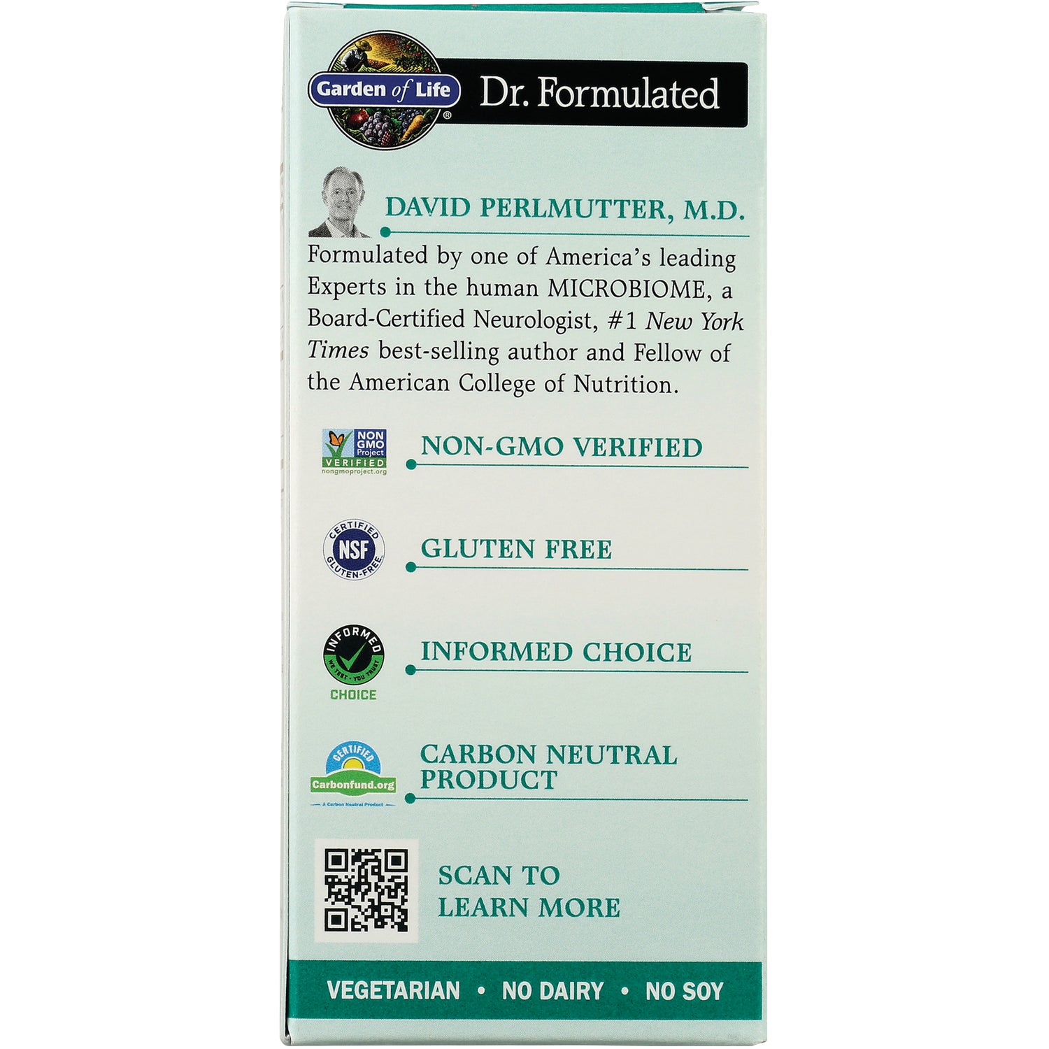 Box back listing Non-GMO Verified, Gluten Free, Informed Choice, Carbon Neutral Product and QR code to scan