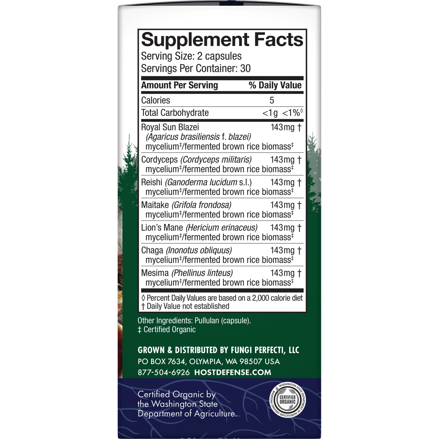 FUN005 | Back label showing Supplement Facts and mushroom blend ingredients, serving size 2 capsules, 143 mg each