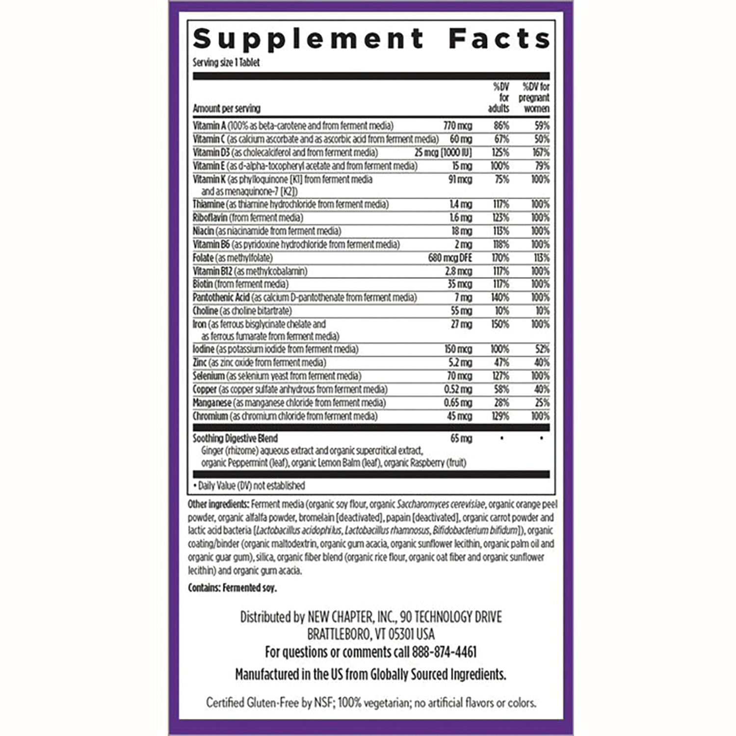 NWC357 | Supplement Facts panel showing nutrient amounts, serving size 1 tablet, and full ingredients list on product back