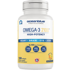 OCB001 | Oceanblue Professional OMEGA-3 2100 high-potency softgels bottle front showing 2,100 mg Omega-3 and 120 softgels