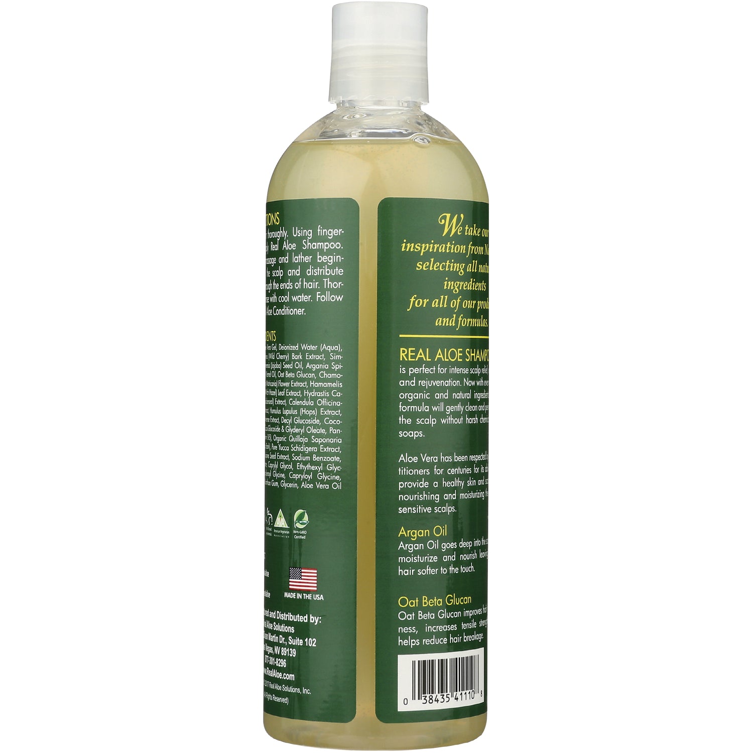 RA011 | Back label of clear shampoo bottle showing ingredients, usage text and barcode