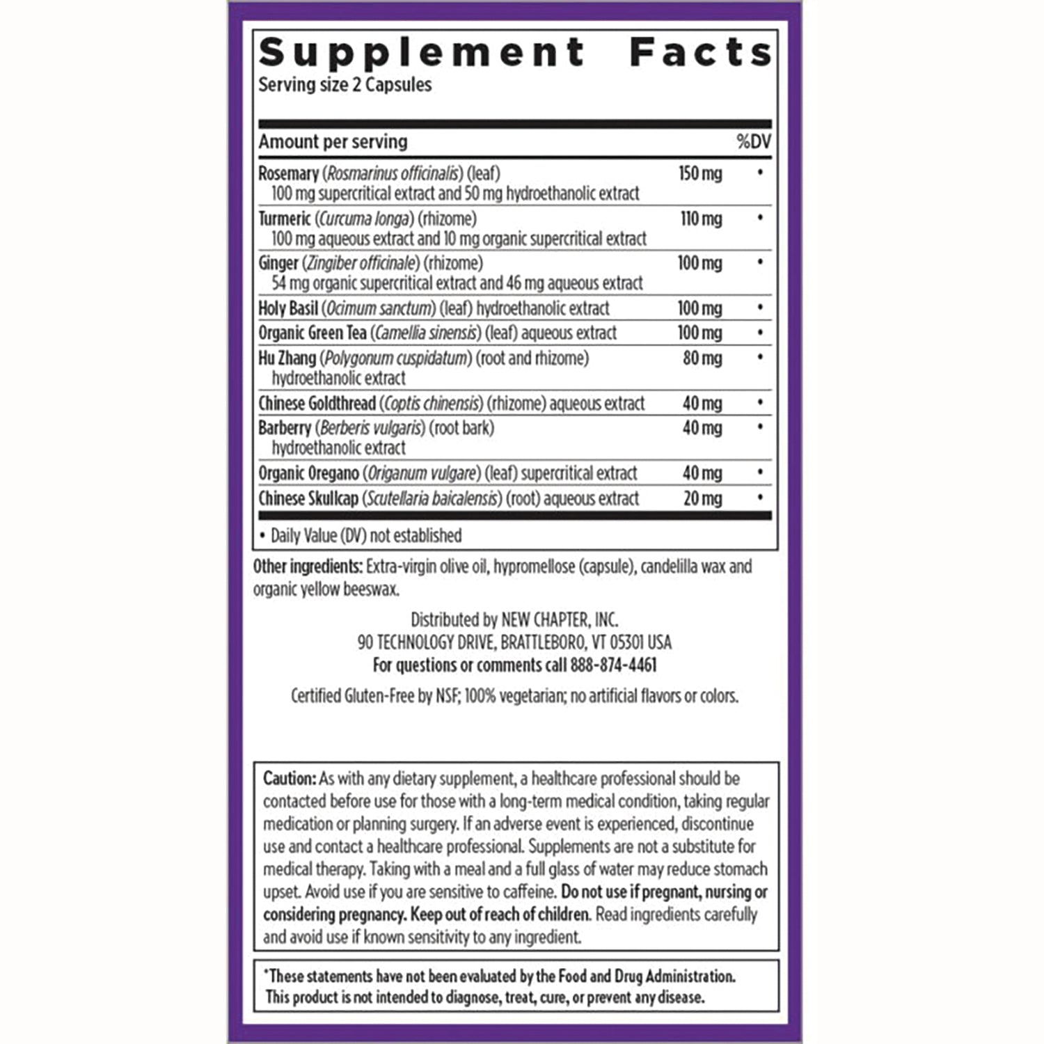 NWC278 | Supplement Facts back label listing ingredients and amounts, serving size 2 capsules, caution and distributor info
