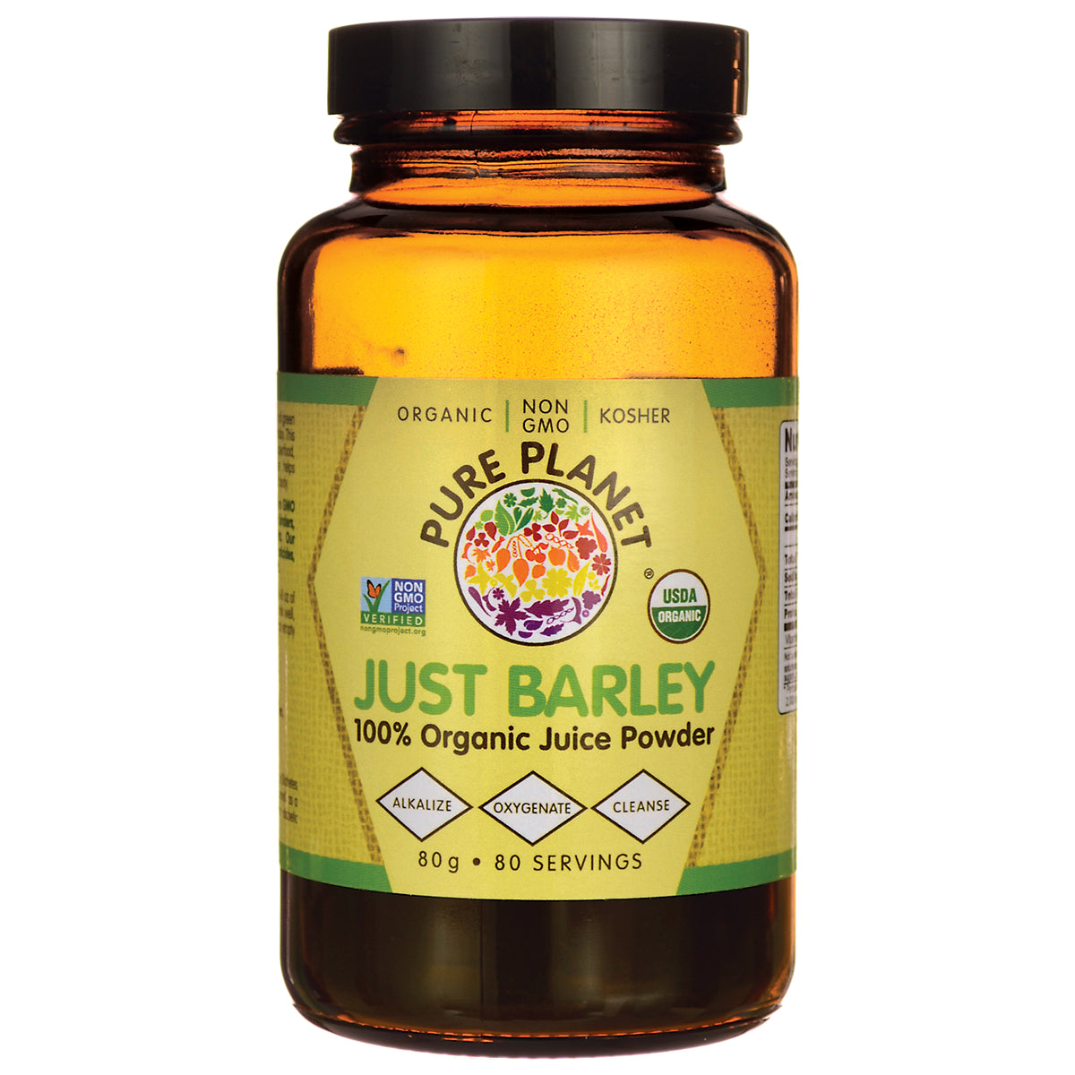 PRP005 | Amber glass jar of Pure Planet JUST BARLEY 100% Organic Juice Powder label