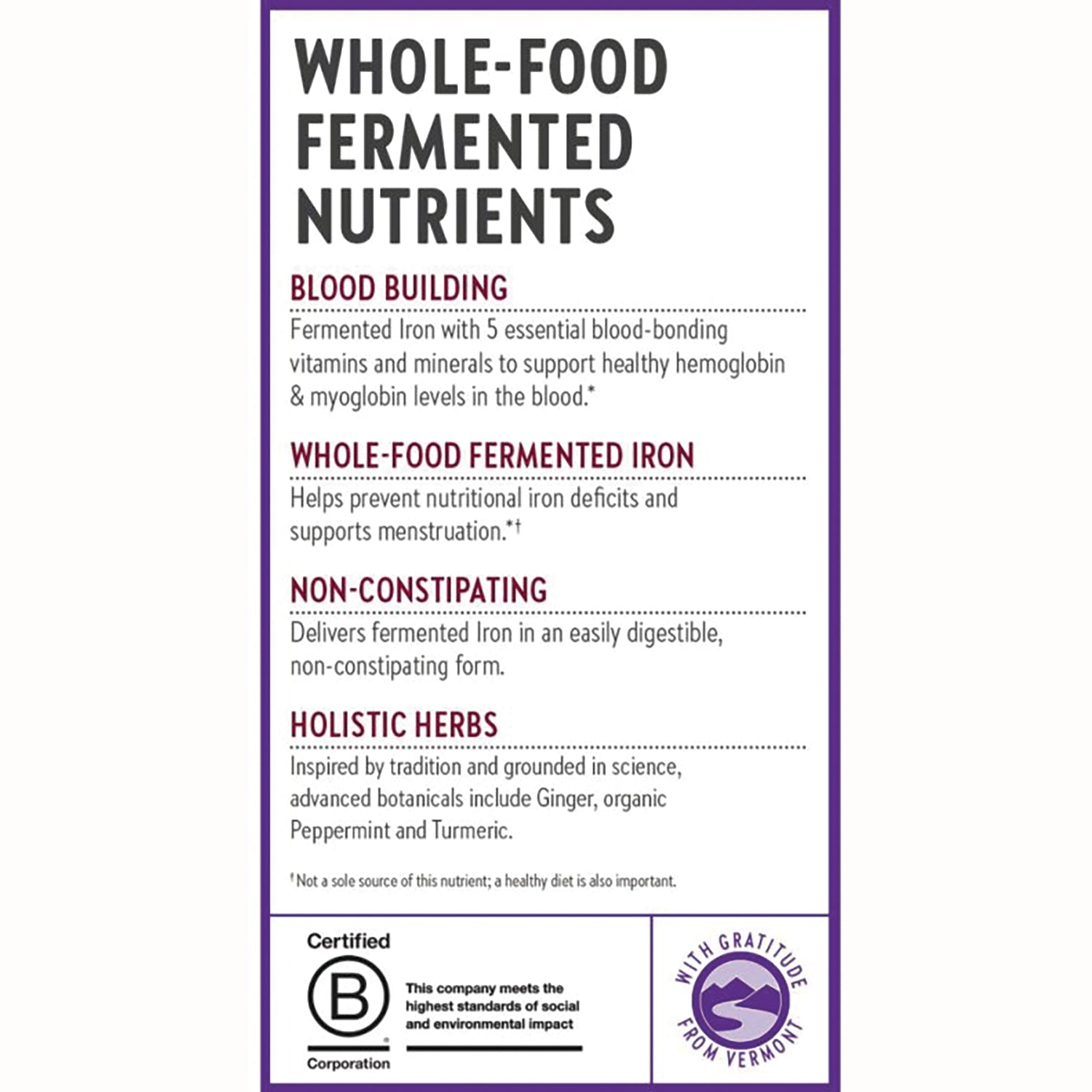 NWC169 | Product infographic listing whole-food fermented nutrients, blood-building iron, non-constipating claim and holistic herbs