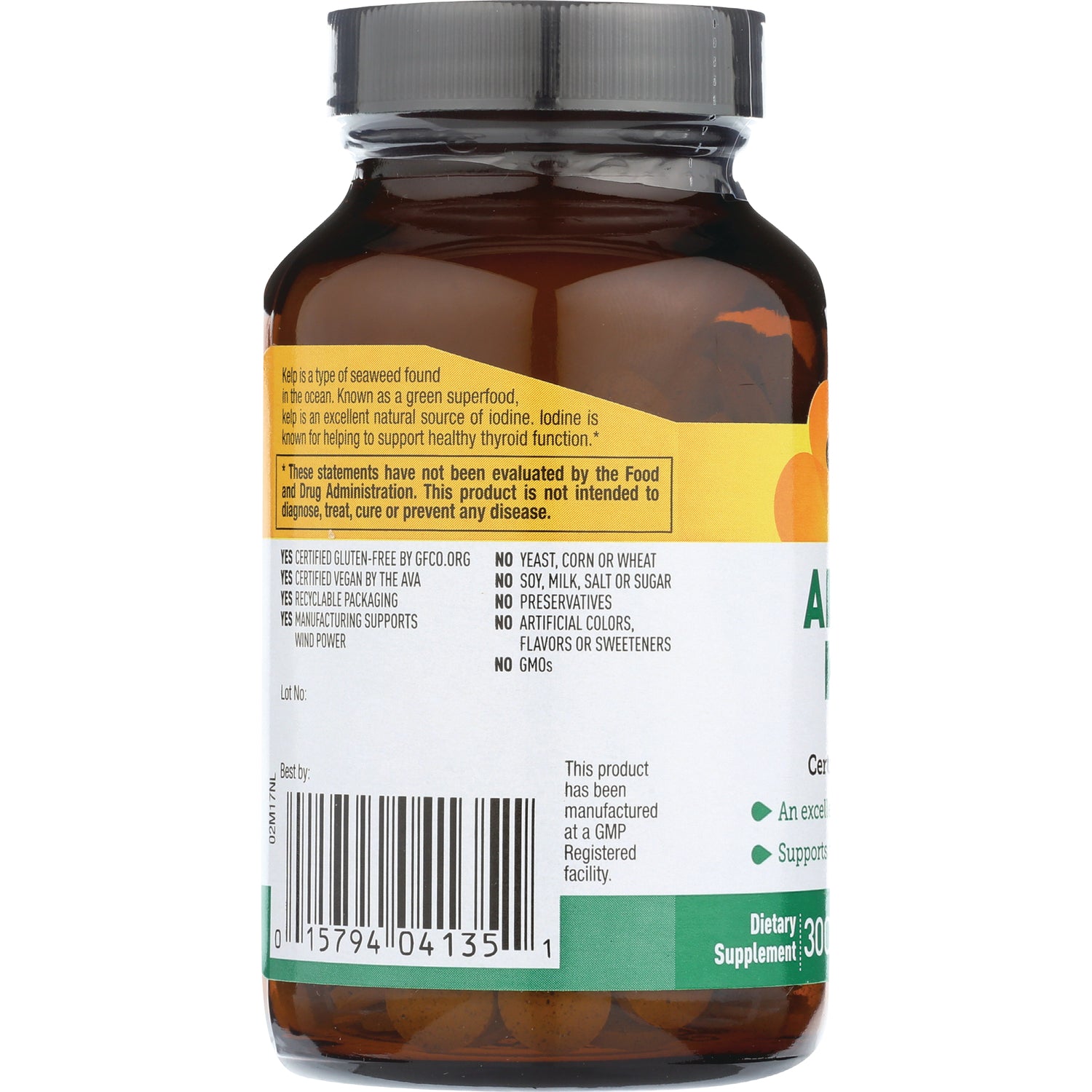 CRL430 | Back label of brown supplement bottle showing barcode, product claims and lot info