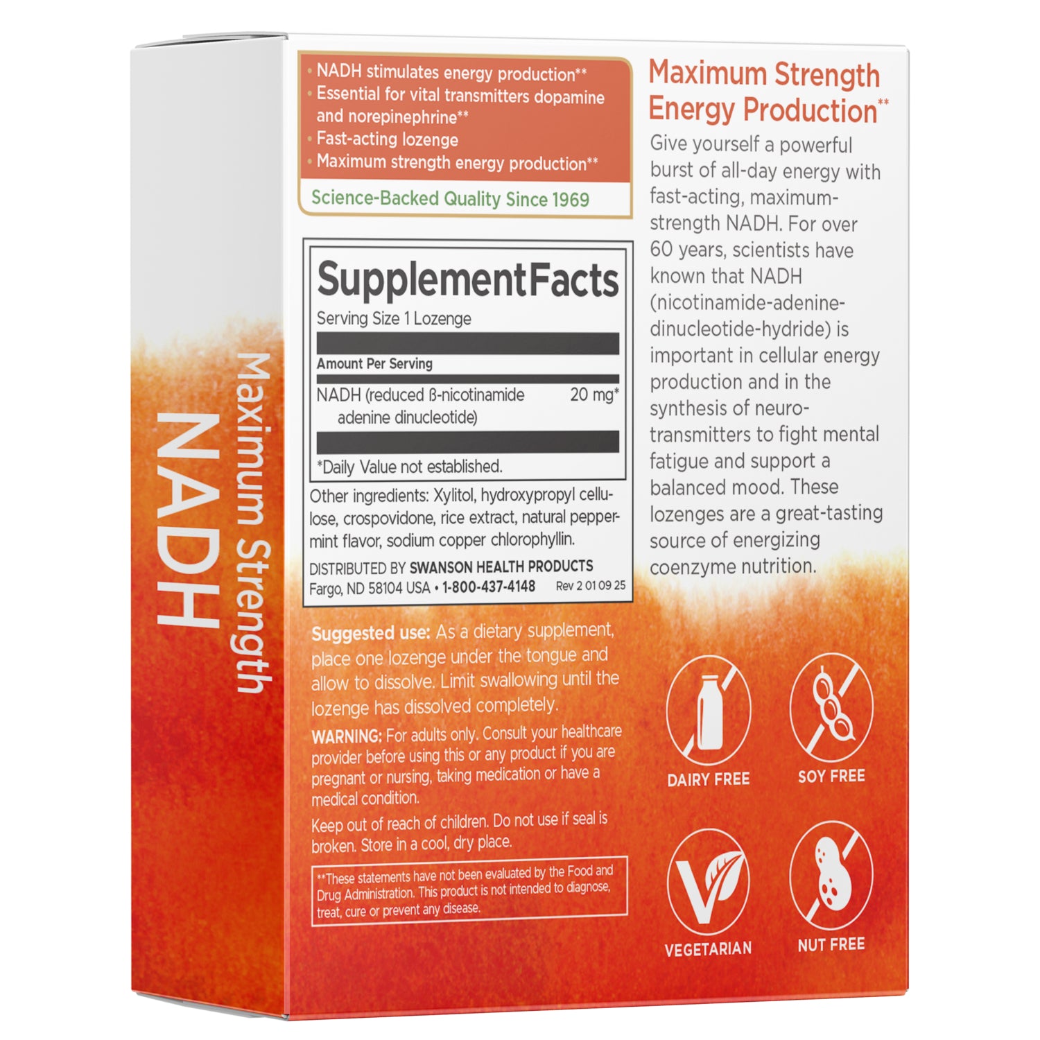 SWU427 | Back of Maximum Strength NADH lozenges box showing Supplement Facts, usage, and Dairy Free, Soy Free, Vegetarian, Nut Free icons