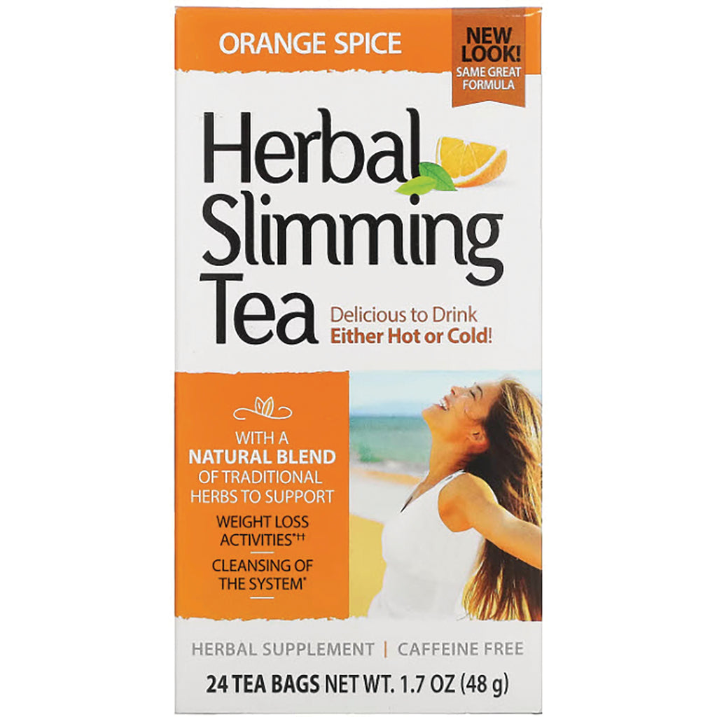 CNT151 | Herbal Slimming Tea Orange Spice box front showing 24 tea bags and a smiling woman at the beach - Thumbnail
