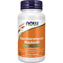 NWF990 | NOW Saccharomyces Boulardii probiotic 5 billion CFU bottle, 60 veg capsules orange label