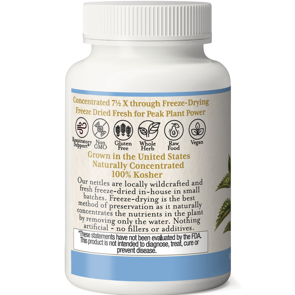 EC001 | Back label of white supplement bottle showing freeze-dried nettles, icons for Non GMO, gluten free, vegan, 100% Kosher and product description - Thumbnail