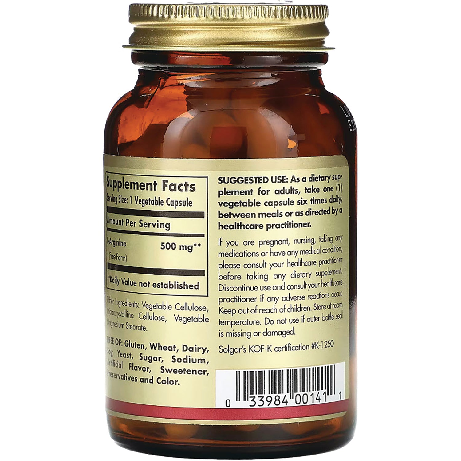 SLG332 | amber supplement bottle back label showing supplement facts, suggested use and barcode