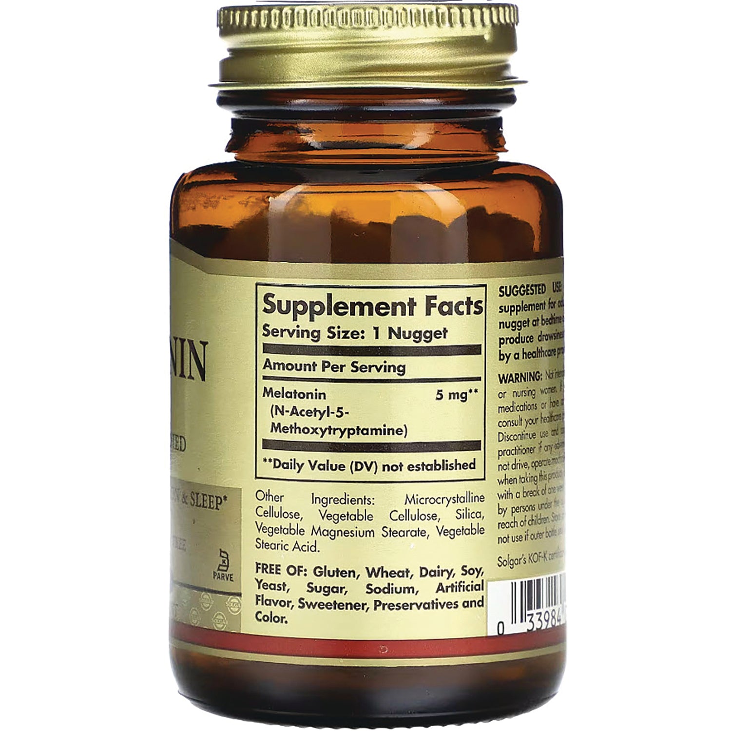SLG352 | back label of amber supplement bottle showing Supplement Facts Serving Size 1 Nugget Melatonin 5 mg and ingredients list