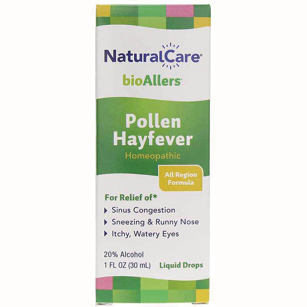 NTB041 | NaturalCare bioAllers Pollen Hayfever homeopathic liquid drops box front showing benefits and 1 fl oz - Thumbnail