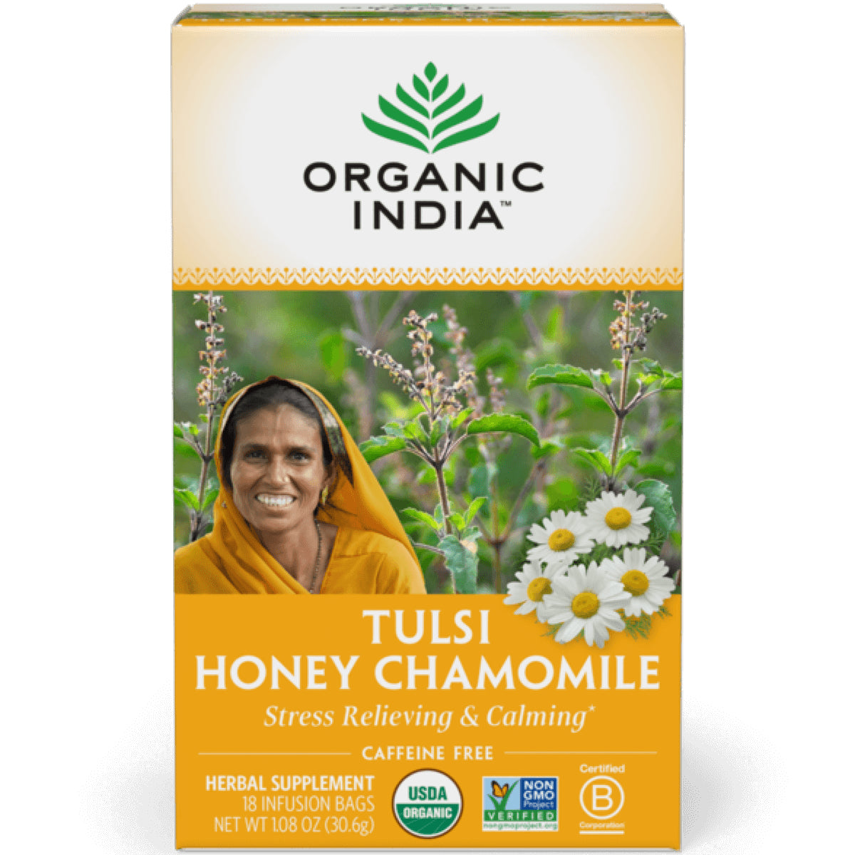 RGN008 | Organic India Tulsi Honey Chamomile tea box front showing smiling woman, chamomile flowers, USDA Organic label
