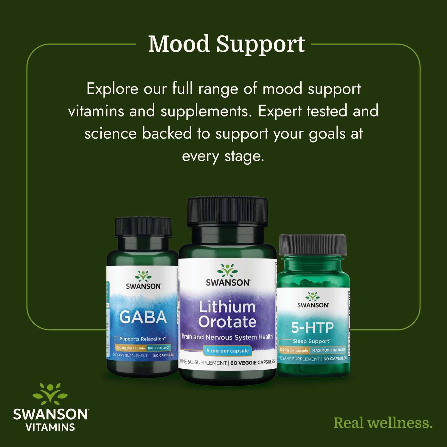 SWU913 | Mood support vitamins and supplements featuring Swanson GABA, Lithium Orotate, and 5-HTP