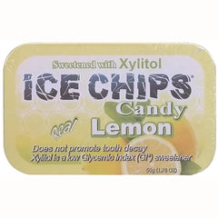 IC011 | Ice Chips Candy lemon tin front packaging showing Sweetened with Xylitol text and lemon slice graphics