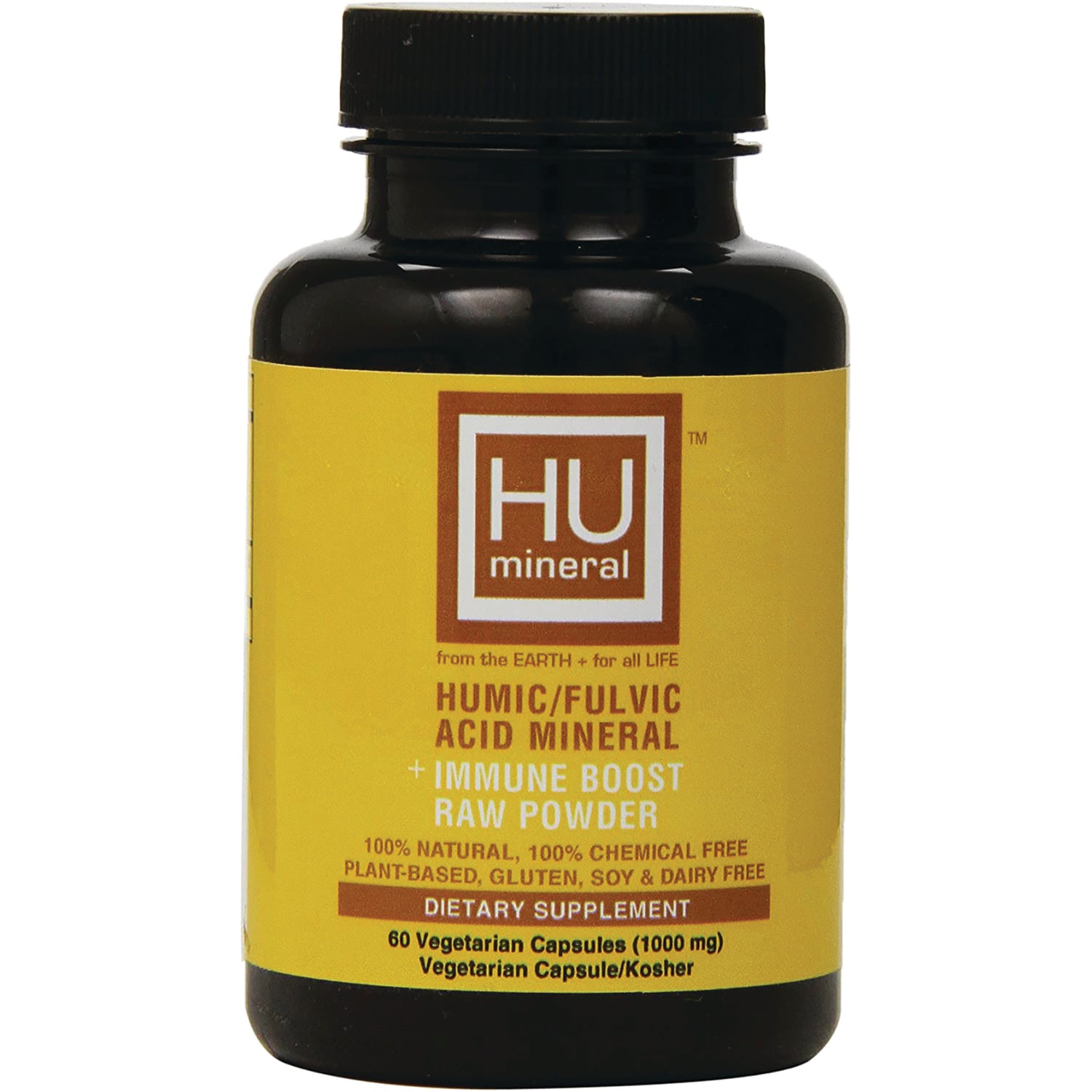 HMN003 | Brown bottle with yellow HU mineral label reading HUMIC/FULVIC ACID MINERAL immune boost raw powder
