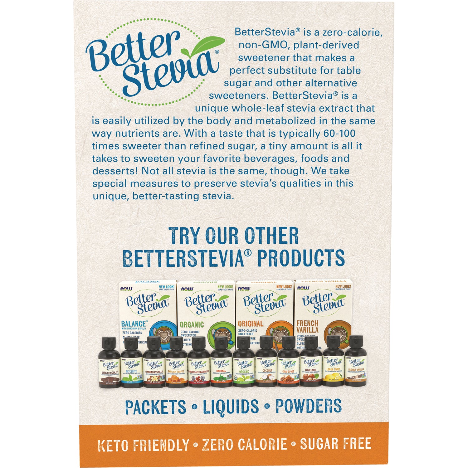 NWF094 | BetterStevia infographic of packets, liquids and powders lineup with Keto friendly zero-calorie, sugar-free banner