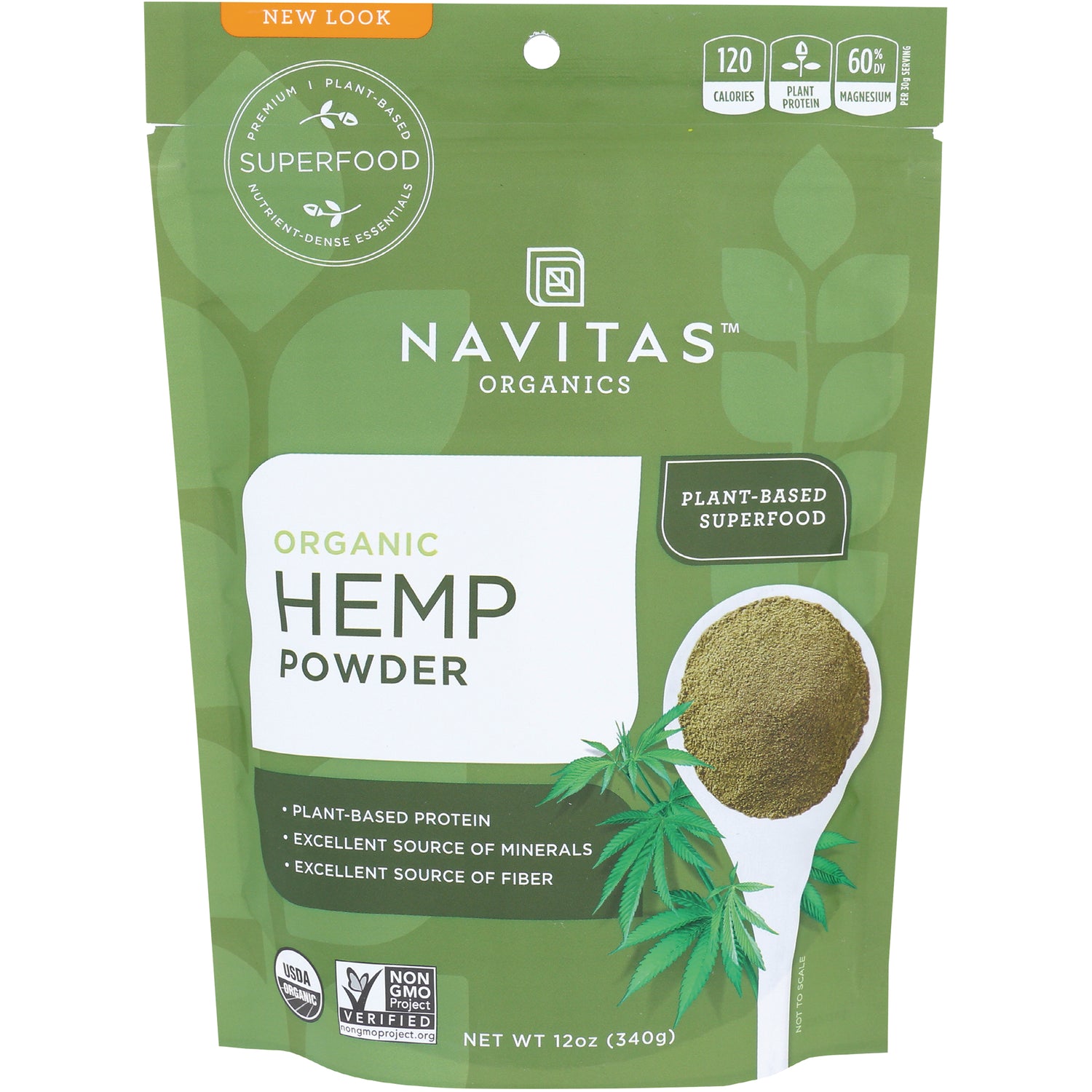 NAV030 | Navitas Organics organic hemp powder 12oz pouch front with spoon of powder