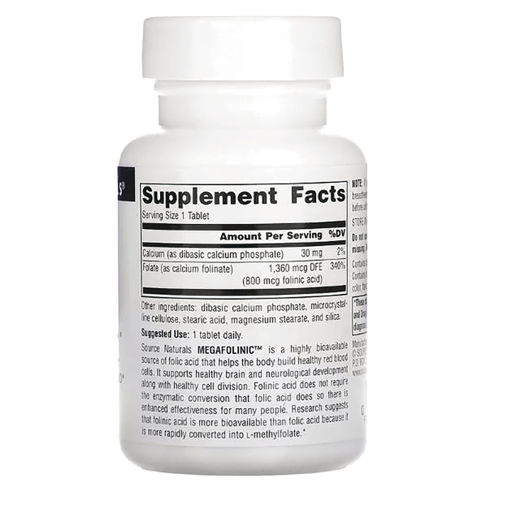 SN373 | Supplement Facts panel on Source Naturals MegaFolinic bottle, serving size 1 tablet - Thumbnail