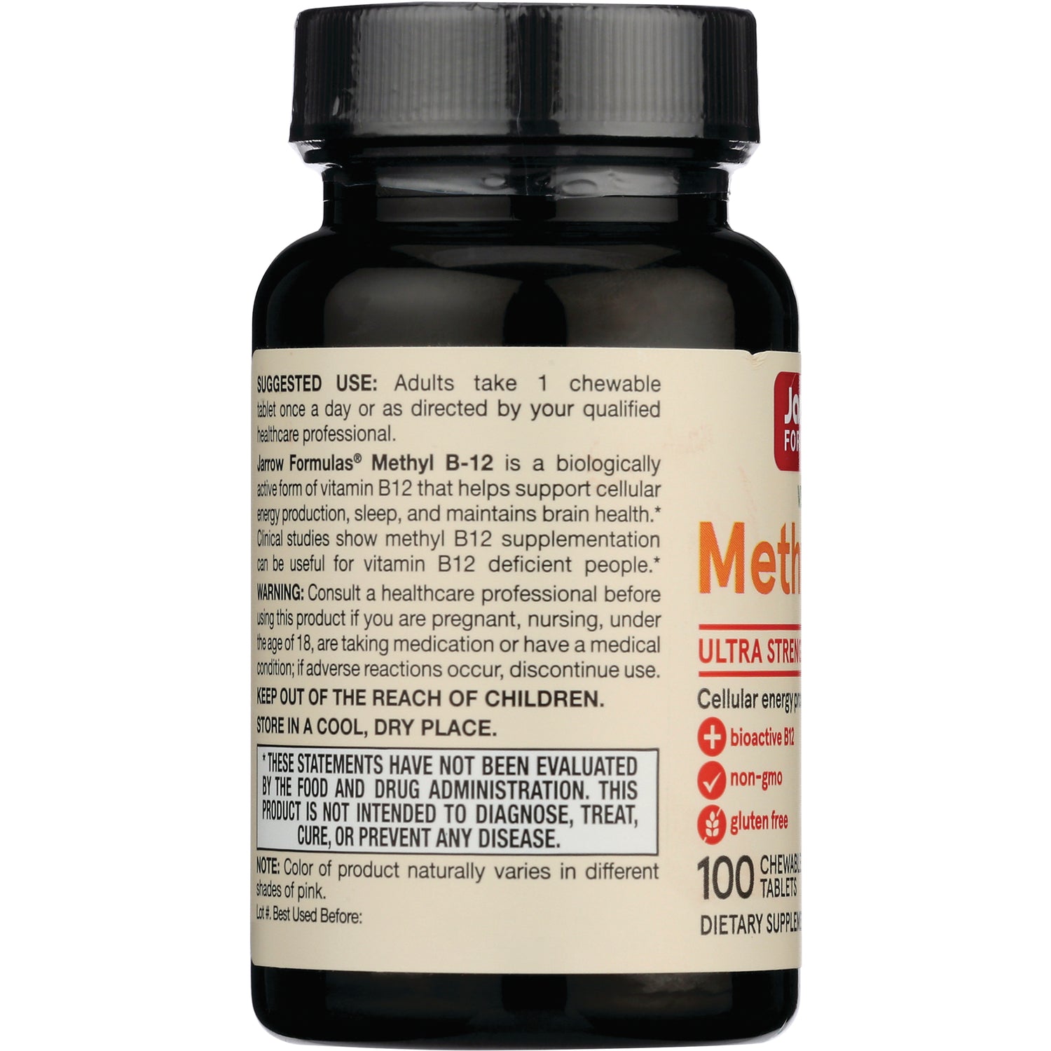 JR335 | Back label of dark supplement bottle showing suggested use, warnings, and FDA disclaimer