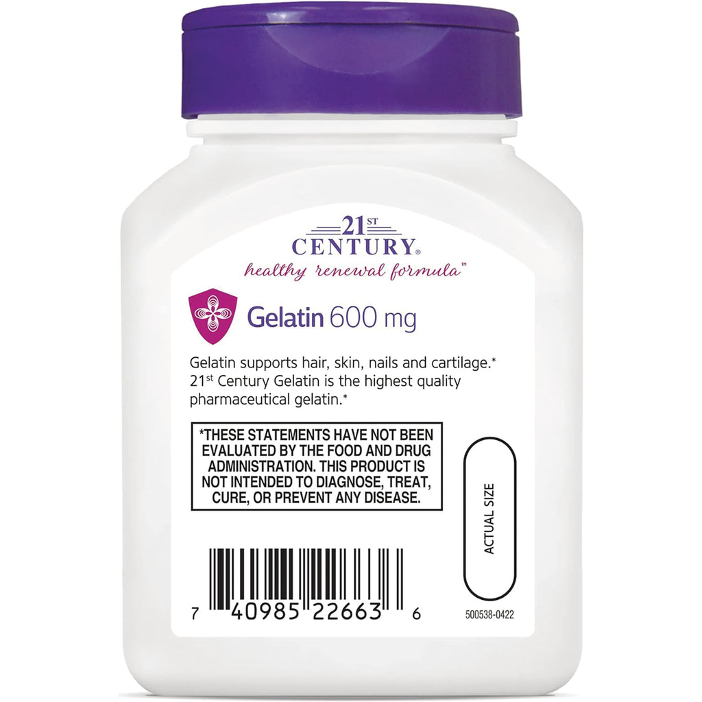 CNT056 | 21st Century Gelatin 600 mg supplement label showing product name, dosage, barcode, and FDA disclaimer - Thumbnail