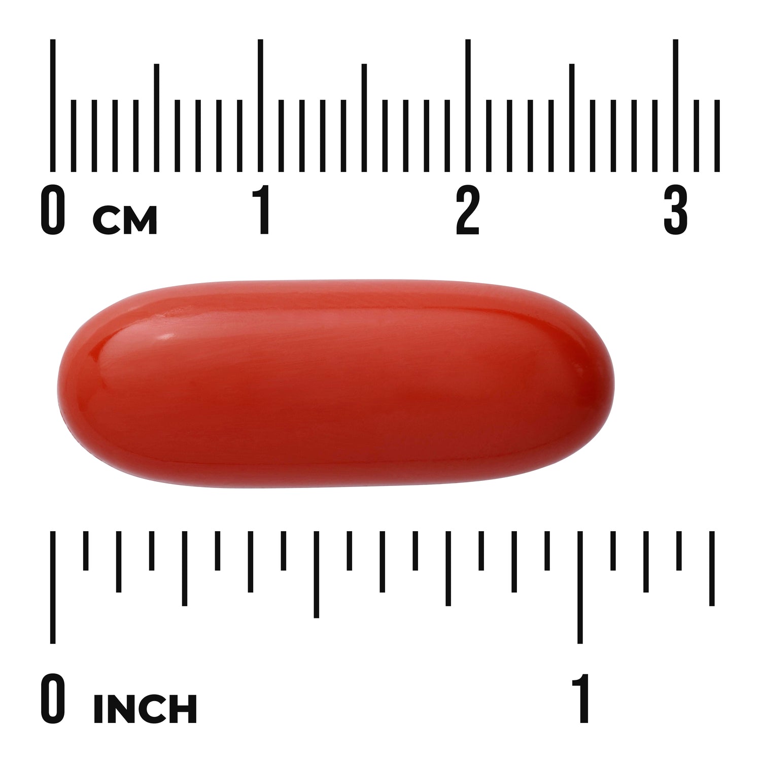 SWU512 | Red softgel shown with size scale: 03 CM and 01 INCH markings