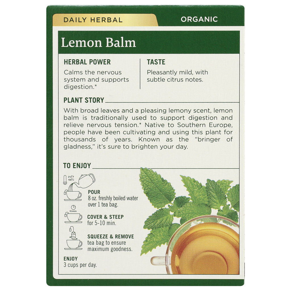 TMD050 | Daily Herbal Organic Lemon Balm tea box back with herbal power, taste, plant story, and brewing directions - Thumbnail